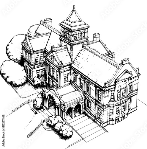 Victorian style Hospital isometric design, Victorian style Hospital illustration art