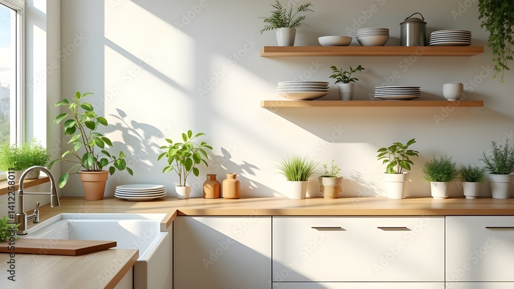 Fototapeta premium Bright, minimalist kitchen with natural light, potted plants, wooden countertops, shelves, and kitchenware