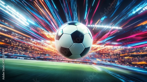 soccer ball in motion, stadium, lights, dynamic, speed lines 