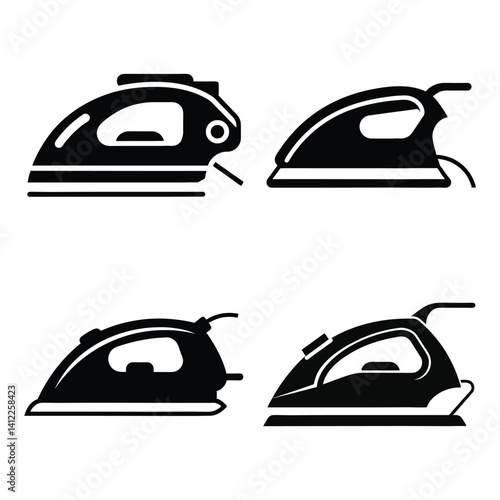 collection of Isolated electric iron, a hot household appliance for smooth clothing, set of electric iron