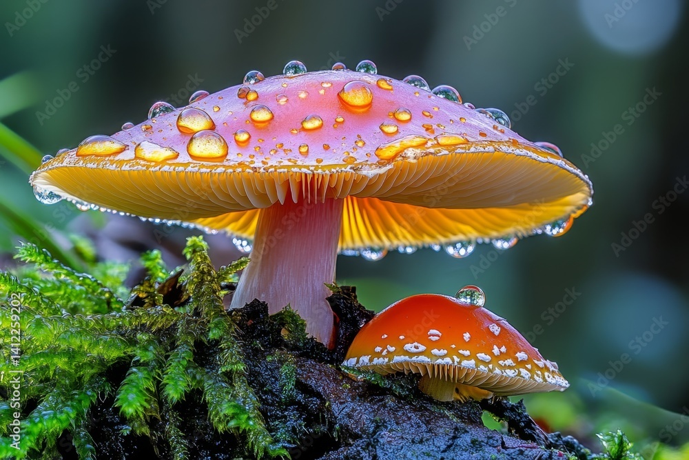A tiny mushroom glowing with dew at sunrise, reflecting golden light A tiny mushroom glowing with dew at sunrise, reflecting golden light
