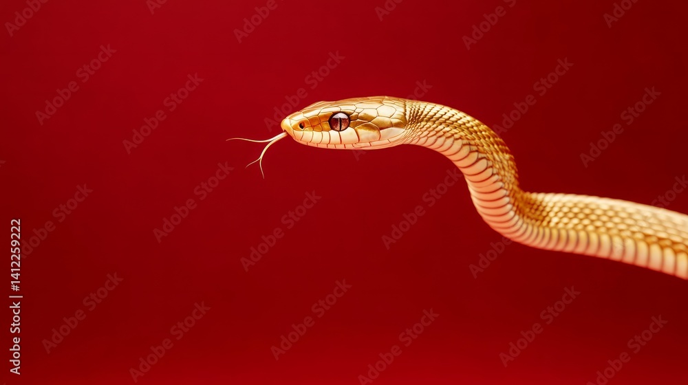 Fototapeta premium Metallic gold snake, red background