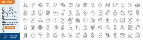 Maps, location and Navigation line editable icon set. Containing navigation, location, contains map with a pin, route map, navigator, direction and more. Vector illustration