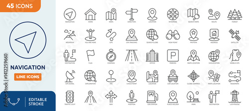 Navigation line editable icon set. Containing map, map pin, gps, destination, directions, distance, pace, navigation, address, and more. Vector illustration