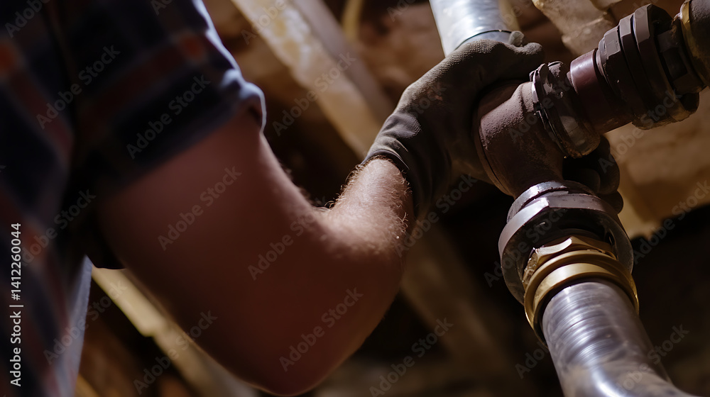 Plumber sealing a water pipe in a crawl space. Featuring plumbing repair and sealing techniques Plumber sealing a water pipe in a crawl space. Featuring plumbing repair and sealing techniques