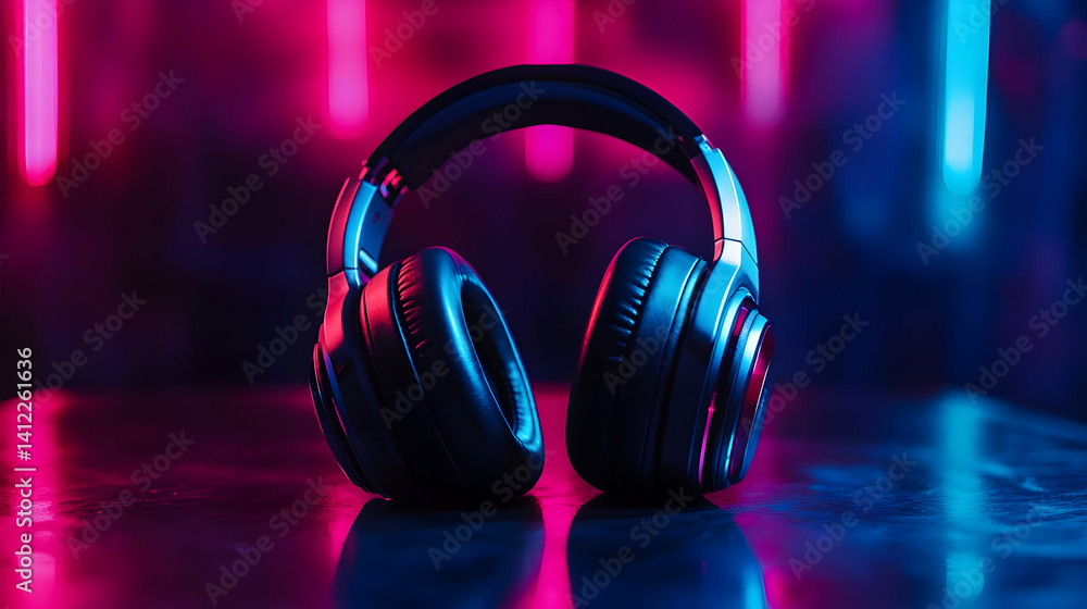 Headphones on Dark Surface Illuminated by Pink and Blue Neon Lights for an Immersive Audio Experience in a Modern Tech Style Headphones on Dark Surface Illuminated by Pink and Blue Neon Lights for an Immersive Audio Experience in a Modern Tech Style