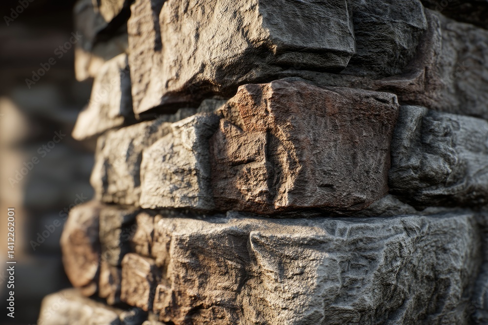 Fototapeta premium Rustic Stone Wall Corner: A Textured, Sunlit Architectural Detail