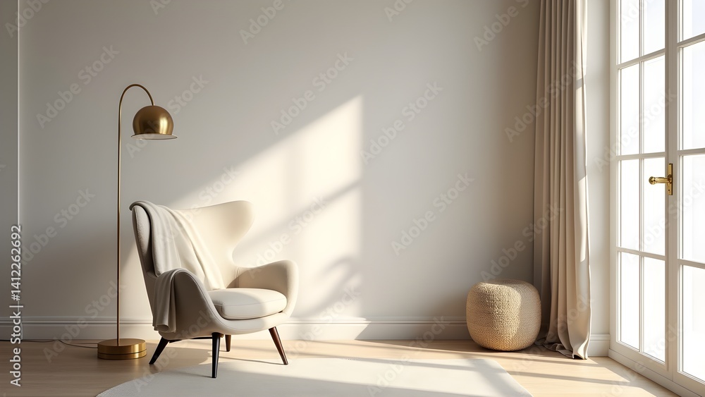 Obraz premium Serene Interior with Armchair, Lamp, and Window Light, offering a minimalist living space with neutral tones
