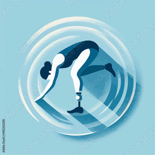 Female athlete with a prosthetic leg preparing to sprint, focused mood, minimalist illustration
