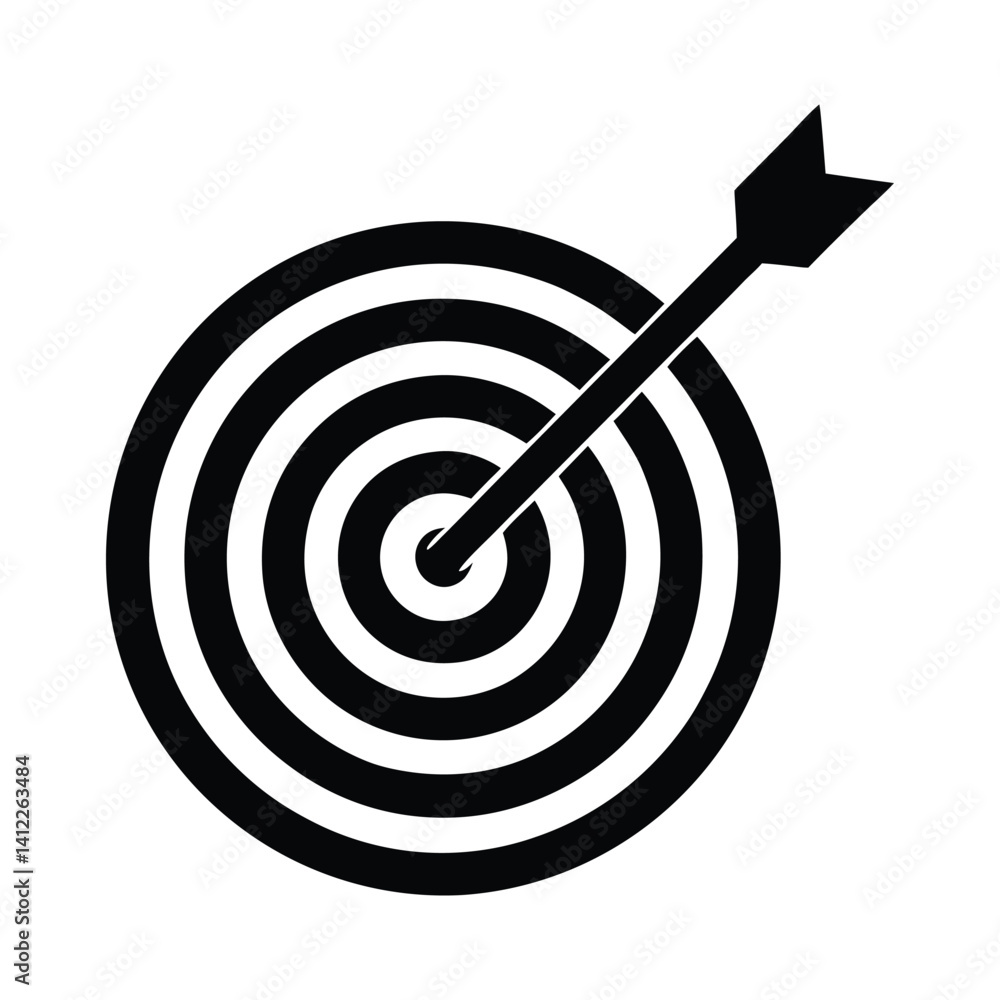 Black dart arrow hitting the bullseye signifies business success and aiming for the center goal in a competitive marketing game, dart hitting target Black dart arrow hitting the bullseye signifies business success and aiming for the center goal in a competitive marketing game, dart hitting target