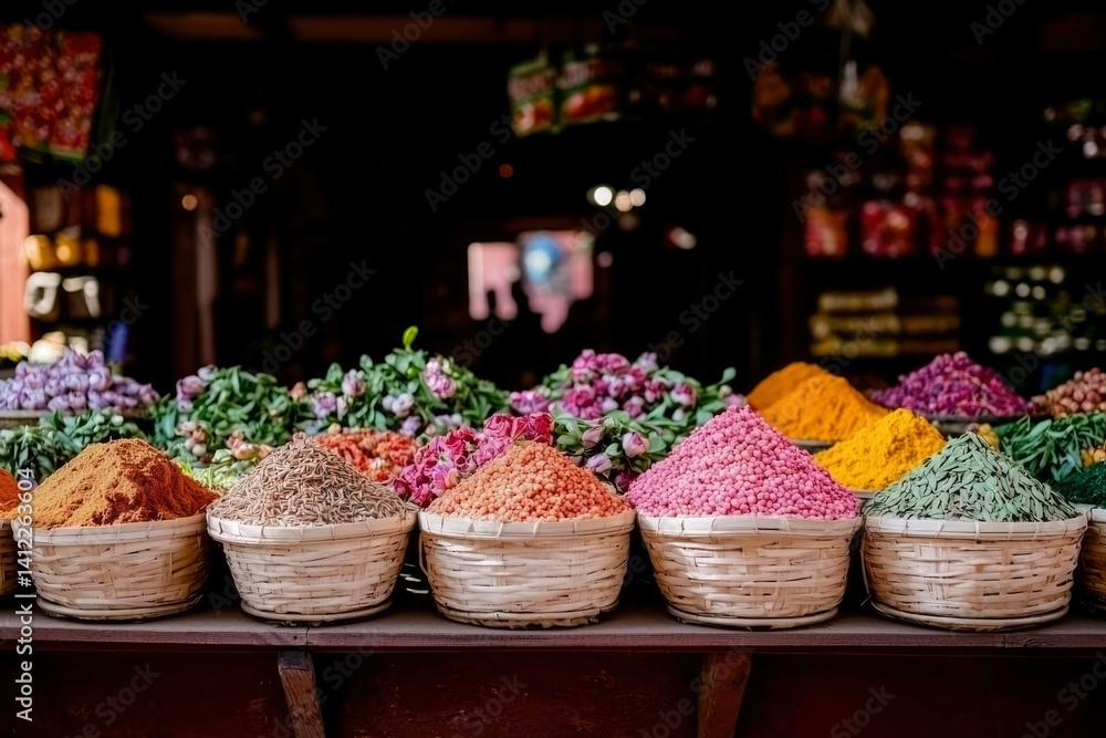 Fototapeta premium Spices Displayed in Woven Baskets in a Moroccan Market, Colorful, Vibrant