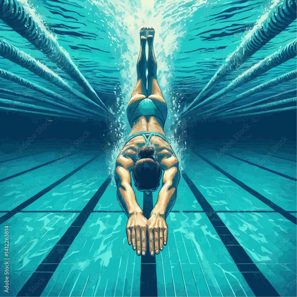 Athletic swimmer diving into the pool, focused mood, vibrant illustration