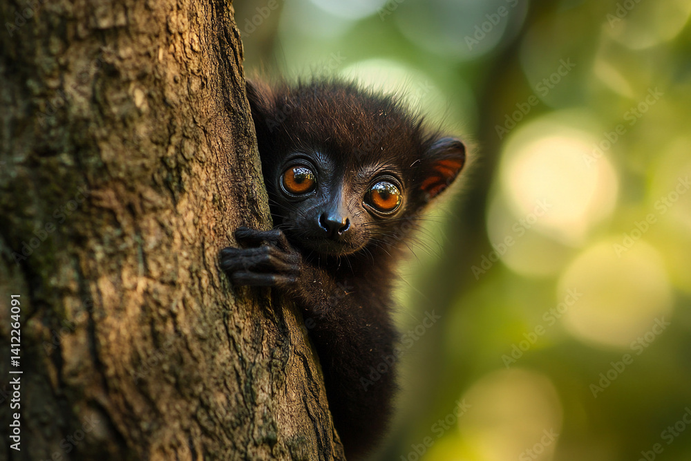 Obraz premium Adorable black lemur baby clinging to a tree trunk in a lush green forest its large orange eyes captivating