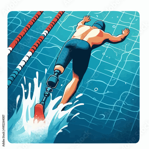 Determined swimmer with a prosthetic leg diving into the water, focused mood, colorful illustration
