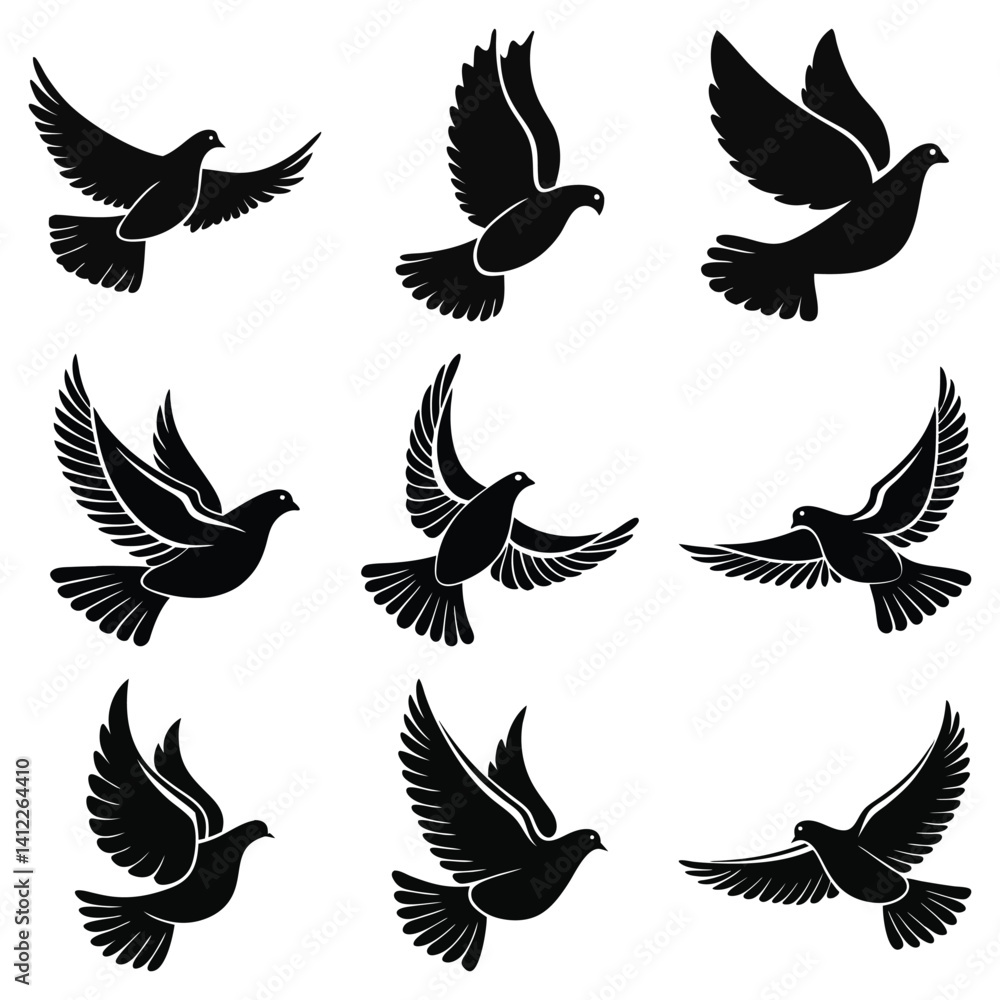 Obraz premium Nine Black Silhouettes of Doves in Flight Peace Symbols Illustration