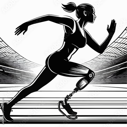 Inspiring female runner with a prosthetic leg, determined mood, black and white illustration