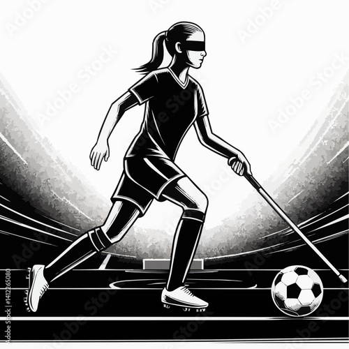 Blind female soccer player dribbling with a cane, focused mood, black and white illustration