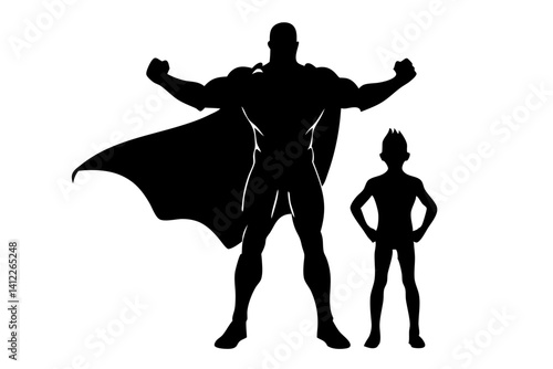 Superhero Silhouette With Cape Standing Beside A Young Sidekick Illustration For Fathers Day And Powerful Family Concepts, superhero, cape, silhouette, boy, child, kid, power, strength, father, son