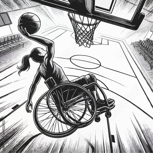 Dynamic woman scoring in wheelchair basketball, energized mood, black and white illustration
