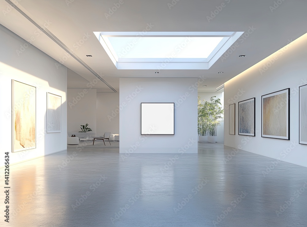 A large white wall with an empty square frame in the middle, set in a clean and modern art gallery interior. The room has a concrete floor and a skylight that adds natural light to create a bright A large white wall with an empty square frame in the middle, set in a clean and modern art gallery interior. The room has a concrete floor and a skylight that adds natural light to create a bright