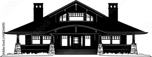 Silhouette of Craftsman style Community hall design, Craftsman style Community hall vector graphic