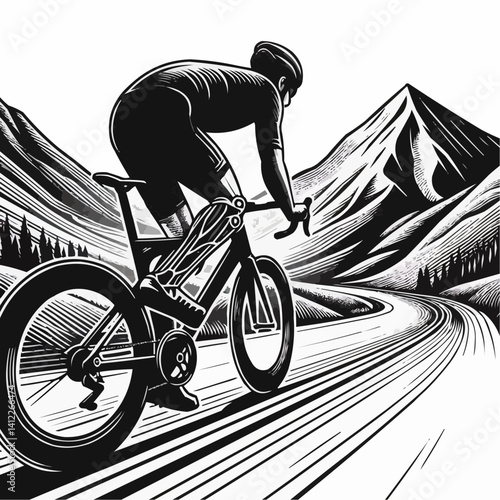 Determined disabled cyclist riding on a mountain path, focused mood, black and white illustration
