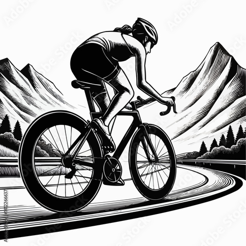 Cycling woman on a mountain road, focused mood, black and white vector illustration