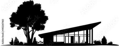 Silhouette of Mid-Century Modern style House design, Mid-Century Modern style House vector graphic