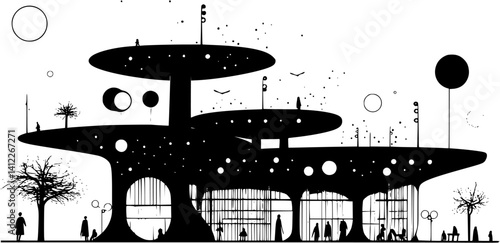 Silhouette of Mid-Century Modern style House design, Mid-Century Modern style House vector graphic