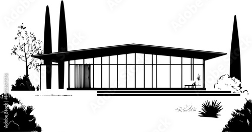 Silhouette of Mid-Century Modern style House design, Mid-Century Modern style House vector graphic