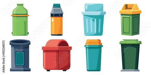 Collection of Various Colorful Trash Cans and Recycling Bins for Waste Disposal