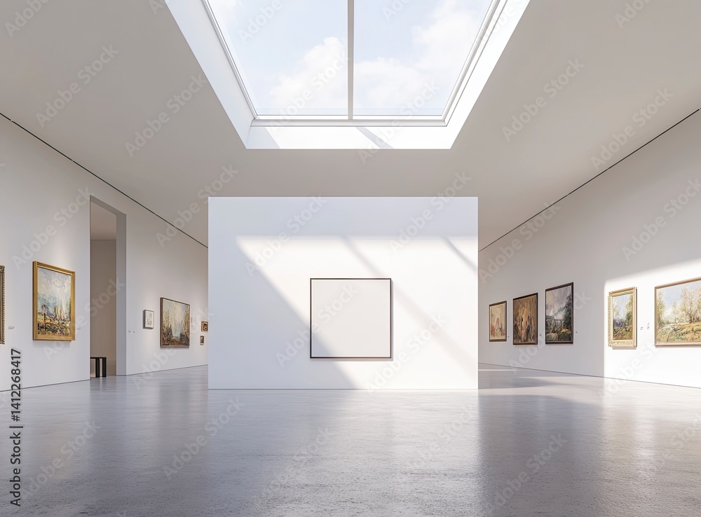 A large white wall with an empty square frame in the middle, set in a clean and modern art gallery interior with soft lighting and a skylight. The room is spacious, with a polished concrete floor . A large white wall with an empty square frame in the middle, set in a clean and modern art gallery interior with soft lighting and a skylight. The room is spacious, with a polished concrete floor .