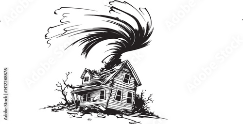 hand drawn vector illustration of a tornado damaged house