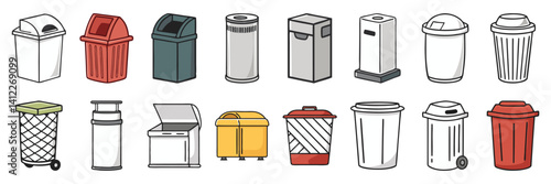 Various Trash Can Illustrations Diverse Collection of Waste Bins for Recycling and Waste Disposal