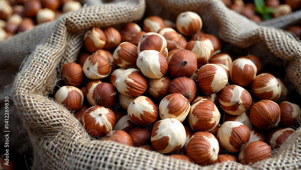 Fresh organic hazelnuts in burlap sack harvested autumn Fresh organic hazelnuts in burlap sack harvested autumn