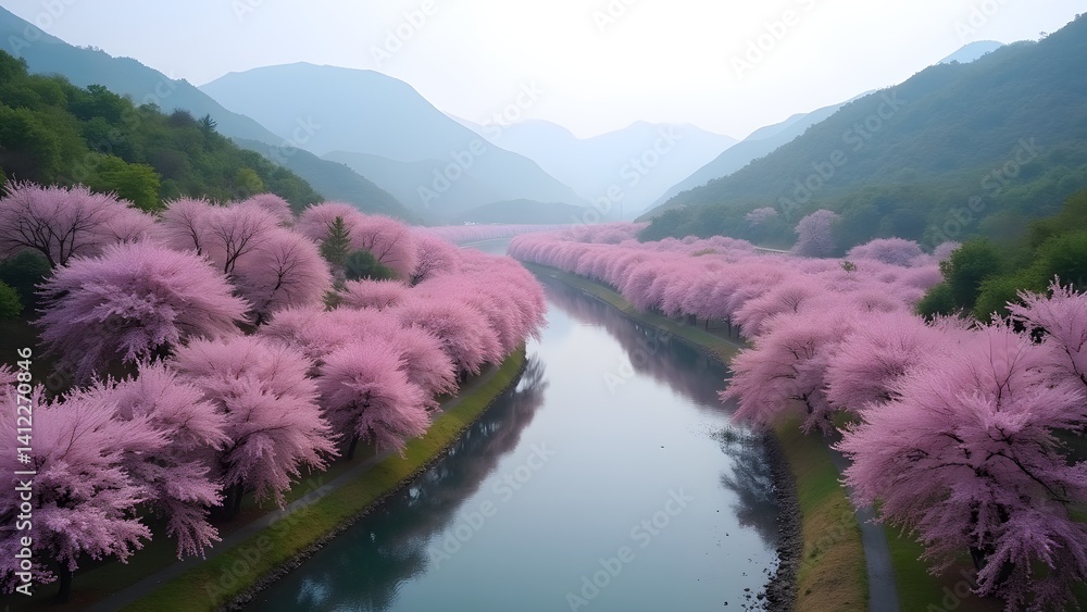 Naklejka premium Scenic River Lined with Rows of Blooming Cherry Blossom Trees with Mountains in Background