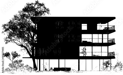 Silhouette of Mid-Century Modern style House design, Mid-Century Modern style House vector image