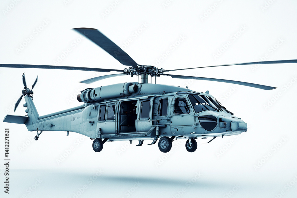 Fototapeta premium Military helicopter in flight a gray aircraft with open door against white background