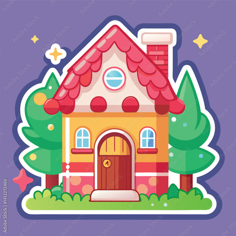 Cute cartoon house with trees and grass Cute cartoon house with trees and grass