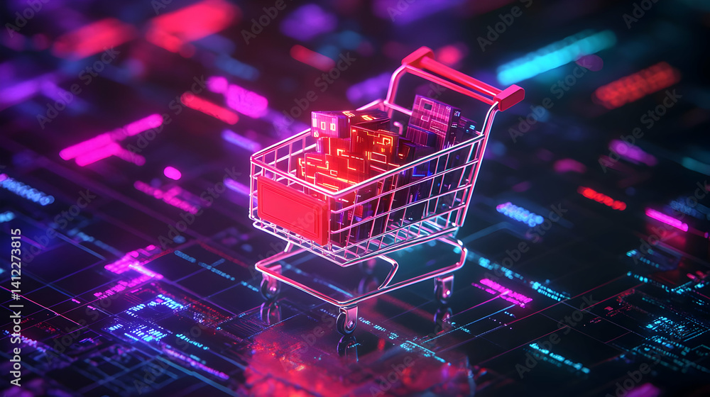 Illuminated Pixel Shopping Cart Over a Dark Surface with Bright Pink and Teal Geometric Background and Reflective Surface Illuminated Pixel Shopping Cart Over a Dark Surface with Bright Pink and Teal Geometric Background and Reflective Surface