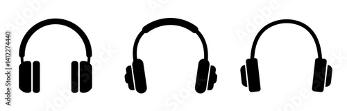 Headphones icon. Black headphones icon collection. Set of music headphones icons. Headphone with microphone.  Vector headphone icons