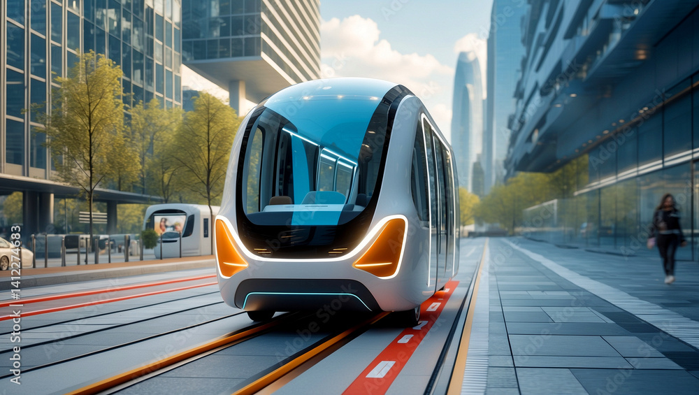 Obraz premium Futuristic transit vehicle in an advanced smart city
