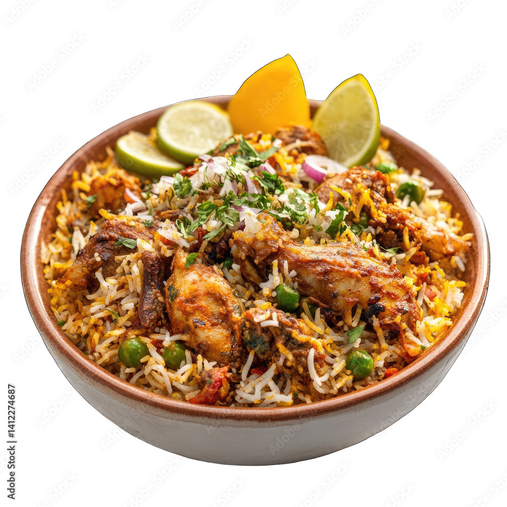 A bowl of biryani with chicken pieces, peas, herbs, and citrus fruit slices on top A bowl of biryani with chicken pieces, peas, herbs, and citrus fruit slices on top