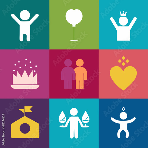 Joyful kids, loving couples, and celebratory crowns in a vibrant, minimalist icon grid design.