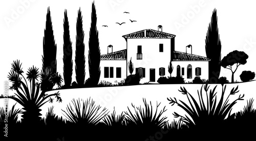 Silhouette of Mediterranean style Country retreat design, Mediterranean style Country retreat vector illustration
