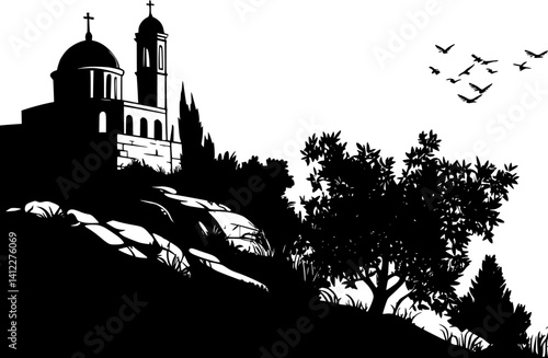 Silhouette of Mediterranean style Monastery design, Mediterranean style Monastery vector illustration