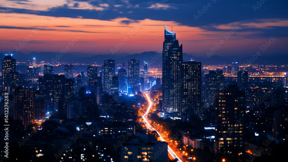 Fototapeta premium Glowing cityscape at twilight with twinkling lights