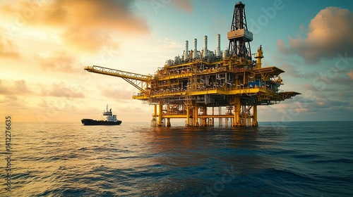 A massive offshore oil rig stands tall in the sunset over the ocean.