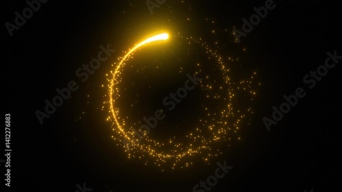 Beautiful Golden Streak with Shimmer Forming Circle Shape on Black Background. Abstract Gold Ring. Yellow Particles Trail Moving Round Looped 3d Animation Magic Sparks Portal Motion Design Concept 4k.