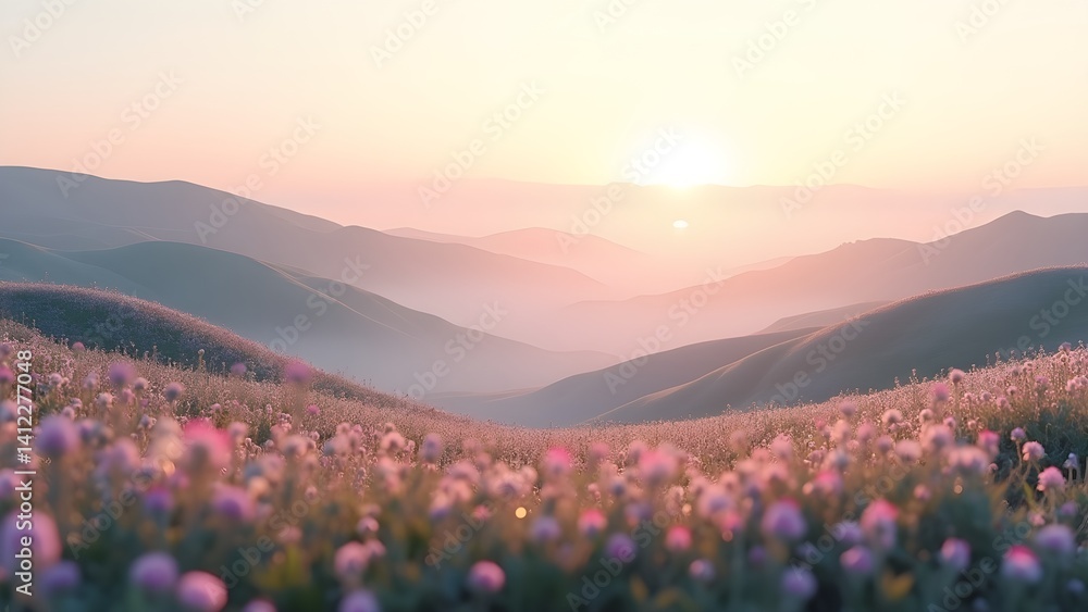 Fototapeta premium Sunrise over rolling hills with flower field in pastel colors.